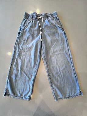 Wide Leg Cropped Lightweight Denim Drawstring Flattering Elastic Waist Sz Small